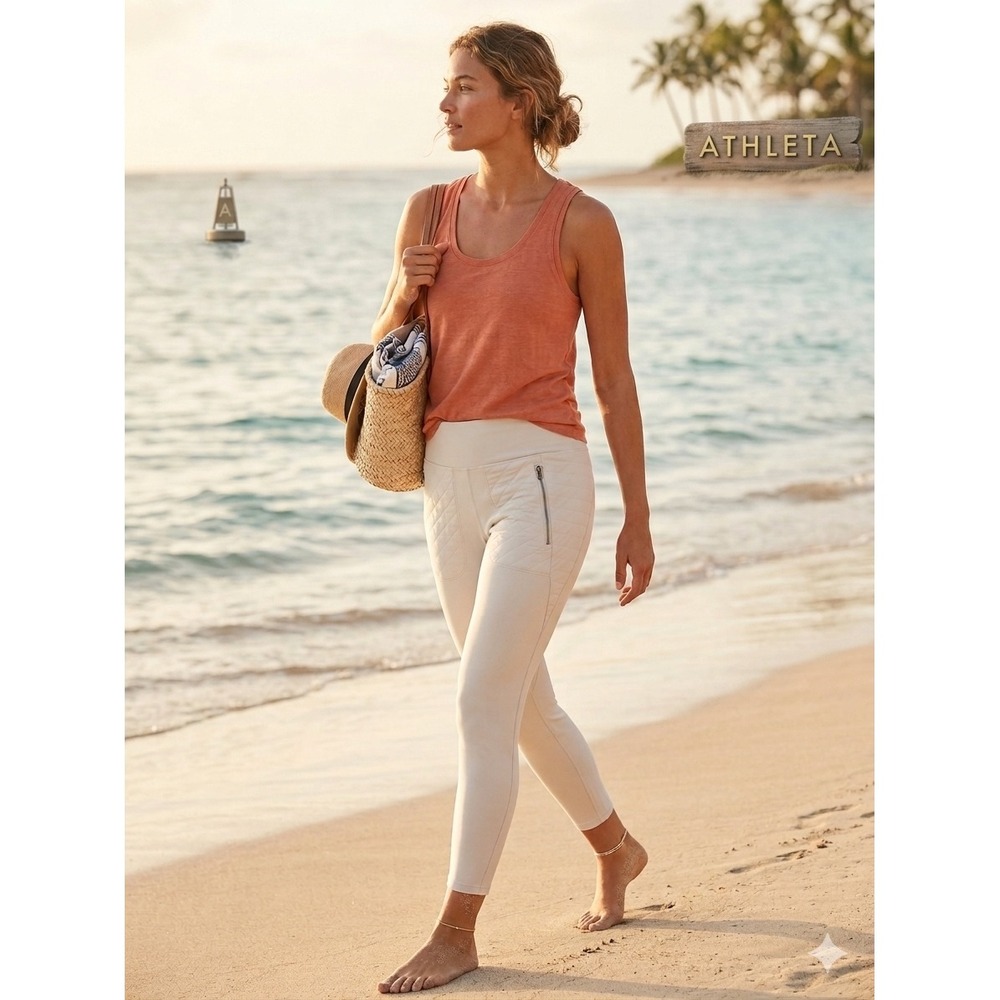 Athleta Peak Hybrid Fleece Tight Off‎ White Quilted athletic Leggings summer -M